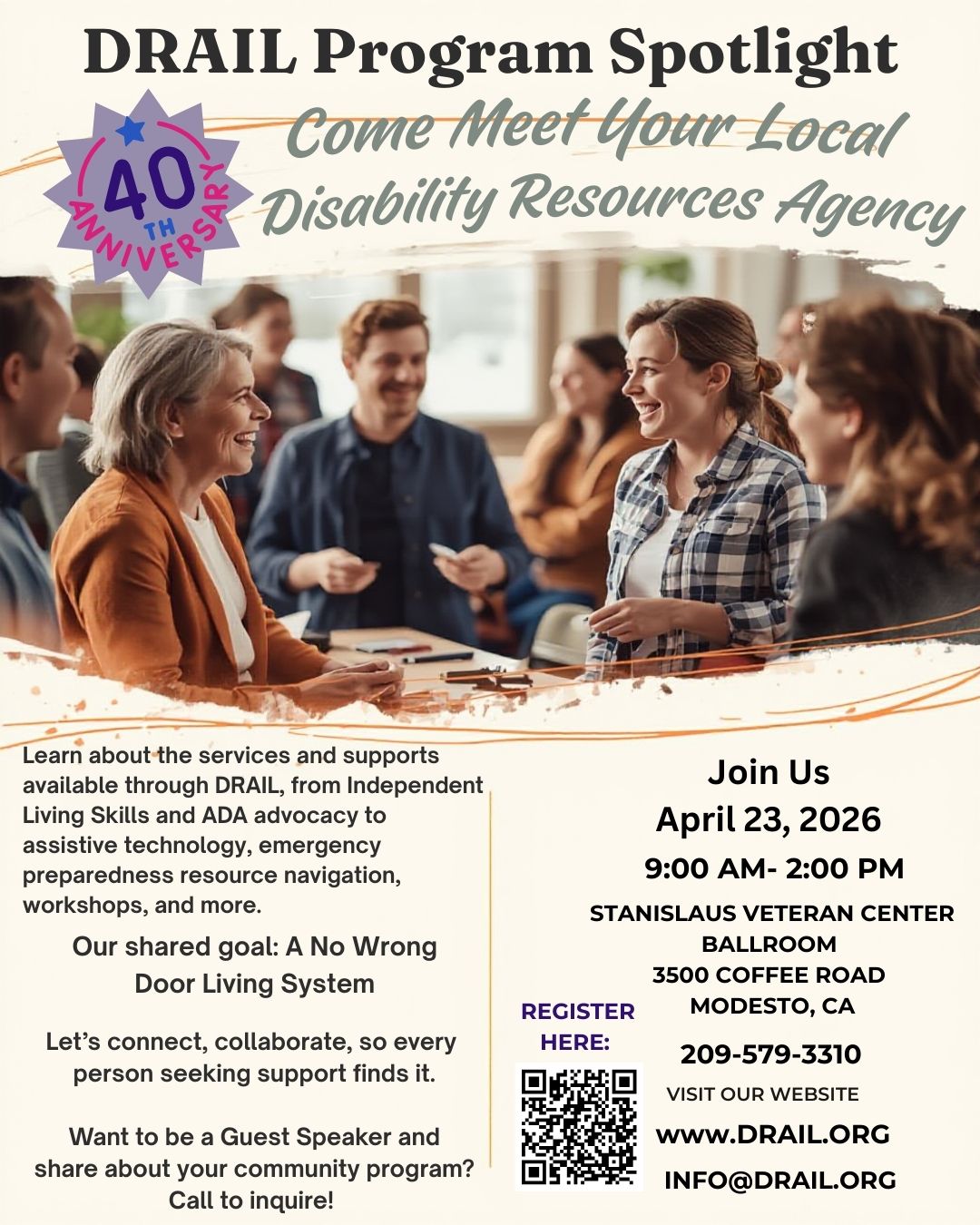Flyer showing a group of adults talking and smiling at a community table. with information about the event